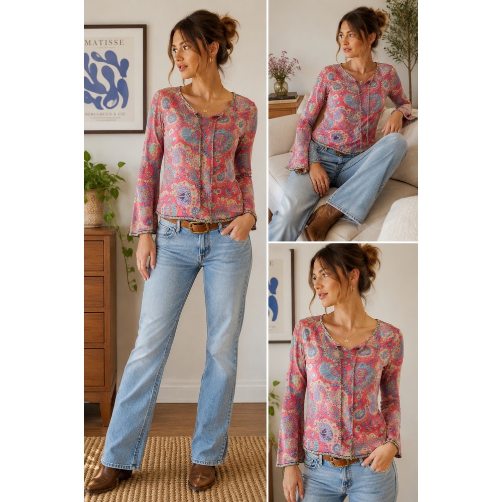 VTG Tracy Porter Red Paisley Floral Bell Sleeve Boho Tassel Top Womens Size 6-8